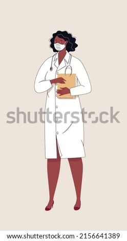 Portrait of female doctor with documents in her hands. African American physician in lab coat smiling behind mask (turn off layer). Character illustration isolated white background Flat cartoon vector