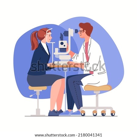 Oculist checks vision of woman, doctor in form conducts eye examination procedure. Medical and healthcare concept, ophthalmologists office equipment, slit lamp. Vector flat cartoon illustration.
