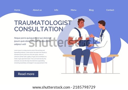 Male patient on examination by doctor with hand injury fixed with bandage. Man with broken arm in traumatology. Colored flat illustration of web template. Vector characters.