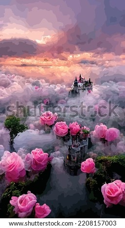 Garden castle,Many small flowers,A few roses,clouds, dramatic clouds above, pink,dreamy, digital painting, digital art