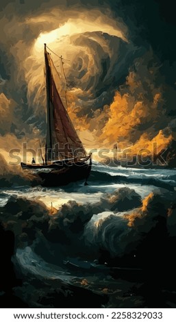 a sailboat painted in contrasting and alluring colors, in the middle of a vast and peaceful expanse of the sea, with passing clouds, in painting style, sculpted with acrylic paint and oil 