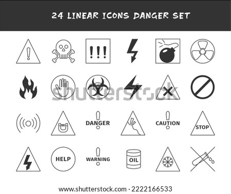A set of linear danger icons. Radiation signs, lightning, chemicals. Isolated illustrations.