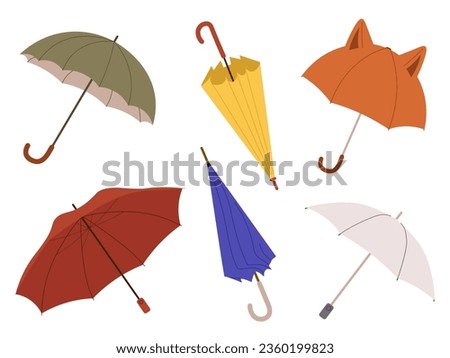 Different Umbrellas in various positions. Open and folded umbrellas. Vector illustration in flat style