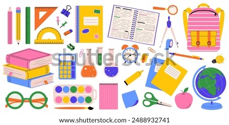 Bright Set of school supplies. Back to school stationery collection. Various accessories for study, student equipment and office