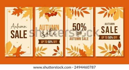 Vertical banner set for autumn sale with fall leaves. Vector illustration templates ideal for seasonal discounts in stores. Perfect for promoting fall sales and special offers