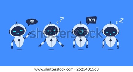 Set of different robots on blue background. Vector illustration for AI concepts, technology designs, and futuristic projects