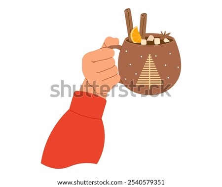 Woman hand raised holding hot drink. Vector illustration for cozy seasonal designs, lifestyle visuals and uplifting content