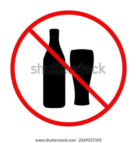 Prohibited alcohol consumption sign. Vector illustration of bottle of beer and glass with red prohibition circle and slash, symbolizing no drinking allowed