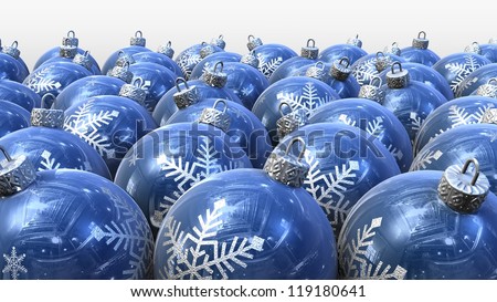 Blue Christmas balls with silver snowflakes on white background