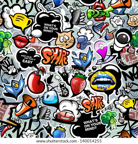 Graffiti seamless texture with social media signs and other shiny icons. Vector