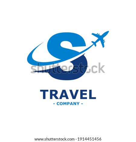 letter S with plane and airline logo vector template. Suitable for travel label, tourism, journey posters, flight company advertising, airways identity, and tech transportation