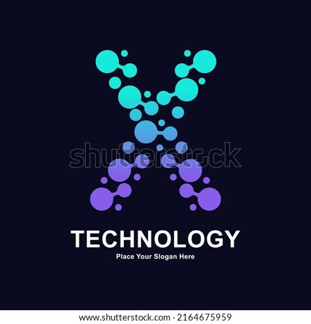 Abstract Letter X with molecule element and dots connection vector logo design. Suitable for biotechnology molecule atom DNA chip symbol, Medicine, science, technology, laboratory, electronics