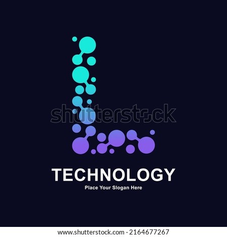 Abstract Letter L with molecule element and dots connection vector logo design. Suitable for biotechnology molecule atom DNA chip symbol, Medicine, science, technology, laboratory, electronics Foto stock © 
