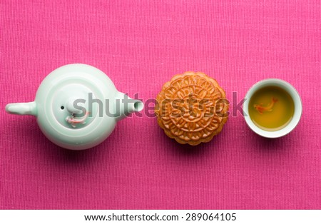Mooncake and tea,Chinese mid autumn festival food. angle view from above