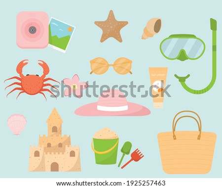 Summer items. Camera, sunglasses, sunscreen, beach bag, snorkeling mask and snorkel, shells, sun hat, crab, sand castle, flower, sand bucket, sand scoop and rake, starfish. Vector illustration.