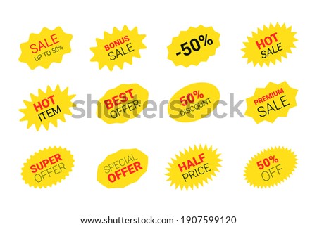 Starburst sticker set for promo sale. Vector badge shape with signs design - star and oval price offer promotion. Simple collection of yellow stickers for promotion isolated on white background