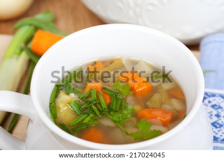 a white bowl full of fresh vegetarian soup, landscape format, aerial view. big bowl in background, surrounded by vegetables