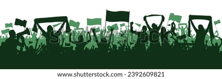 Green Sports background with soccer Football supporters in silhouette flat design. Male and female fans with hands in the air, banners, flags. Design with two layers.