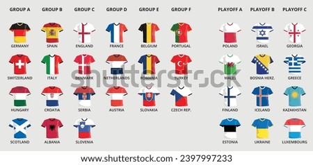 Collection of European Vector Football Jerseys in national flag design for tournament, sorted by groups, plus jersey icons of playoff teams,