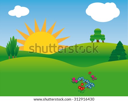 idyllic summer landscape with green grass hills, sun, trees, flowers and blue sky with clouds, vector,