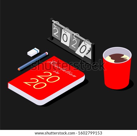 Set Isometric of New Year Flip Calendar, Book with Red Cover, Cup filled with Coffee, Pencil and Eraser. Create with Corel Draw Graphics Suite X7
