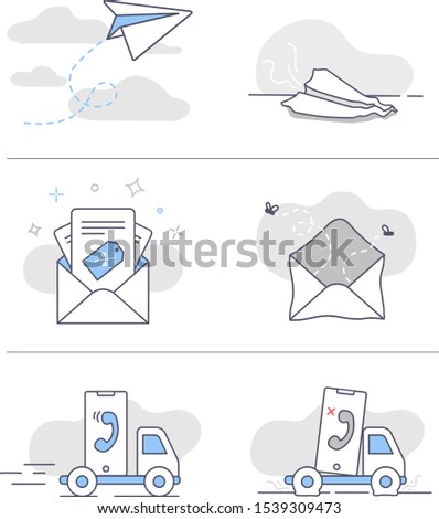 Set of illustration icons, showing succeed and failed user actions. Message sent, subscription to newsletters, scheduled call .