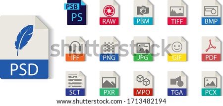 File format collection. PSD, PSB, RAW, PBM, TIFF, BMP, IFF, PNG, JPG, GIF, PDF, SCT, PXR, MPO, TGA, PCX. File type vector and icons.
