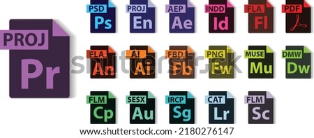 All collection of adobe file formats, PROJ, PSD, AEP, INDD, FLA, PDF, AI, FBD, PNG MUSE, DMW, FLM, SESX, IRCP, CAT, File type vector and icons. Foto d'archivio © 