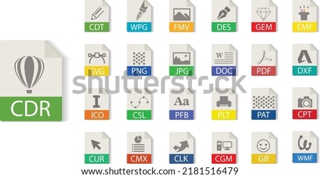Coreldraw file format collection, CDR, CDT, WPG, FMV, DES, GEM, EMF, SVG, PNG, JPG, DOC, PDF, DXF, ICO, CSL, PFB, PLT, PAT, CPT, CUR, CMX, CLK, CGM, GIF, WMF, File type vector and icons.
