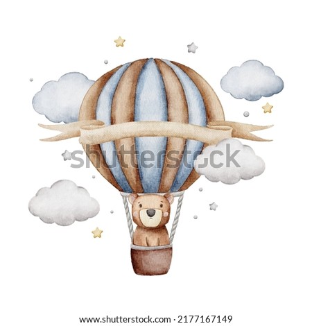 cute teddy bear and air balloon watercolor illustration for baby and kids with isolated background