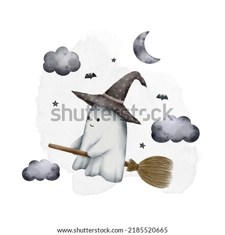 cute ghost riding broom watercolor illustration for kids and baby halloween theme background