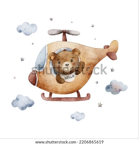 cute animal flying on airplane watercolor clipart illustration with isolated background