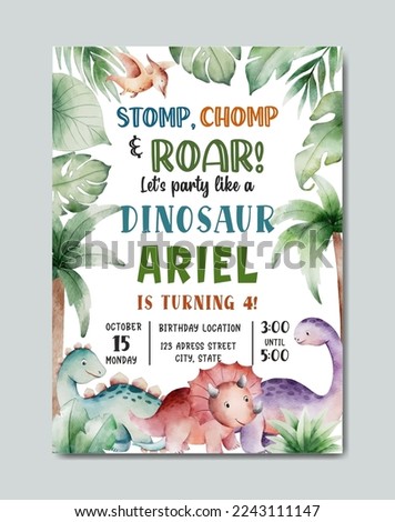 Birthday dinosaur theme watercolor invitation card template background for kids
