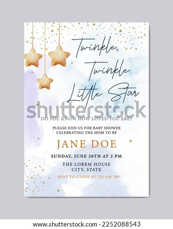 
Baby shower invitation watercolor template card with moon, stars and cloud background