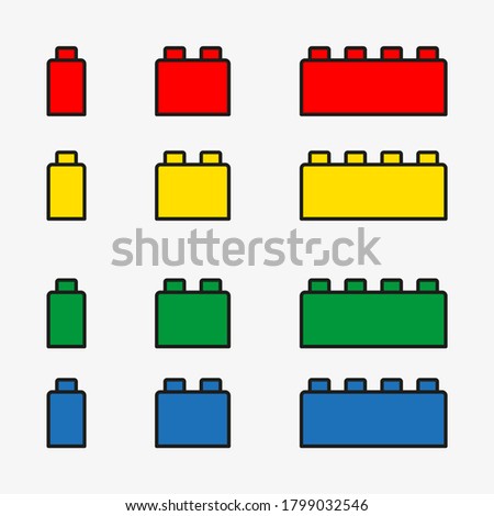2D outline vector building block set. Toy bricks in red, yellow, blue and green colors isolated on white background.