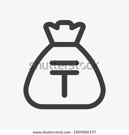 Tenge icon. Sack with kazakhstani tenge isolated on white background. Money bag outline icon vector pictogram. Kazakh currency symbol.