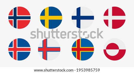 Scandinavian countries flag vector icon set. Nordic Europe flags in a circle shape. Norway, Sweden, Finland, Denmark, Iceland, Faroe Islands, Aland Islands, Greenland.