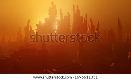 Futuristic architecture rendering. Science fiction cityscape in sunset colors. 3D rendering Foto stock © 