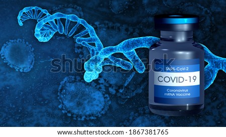 COVID-19 mRNA vaccine. 2020 coronavirus pandemic. Single RNA strand. Microscopic view of infectious SARS-CoV-2 virus cells. 3D rendering Imagine de stoc © 