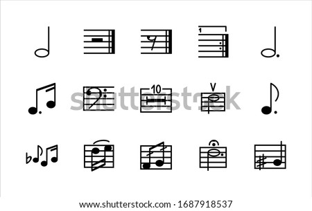 A simple set of music-related vector line icons. Contains icons such as: notes, sheet music, pauses, key, leagues, fermato, sharp, flat, Reprise, and more. Editable Stroke. 48x48 pixels is perfect.