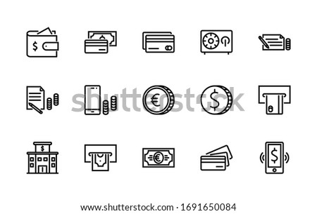 A simple set of money-related vector linear icons. Contains icons such as: wallet, coins, Bank, ATM, cards, securities, safe Deposit box, and more. Editable Stroke. 48x48 pixels is fine.