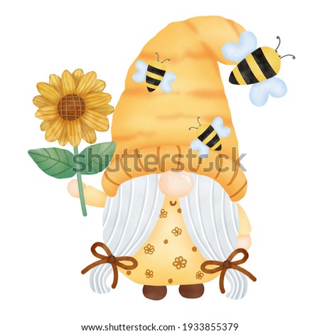 Digital paint yellow brown Watercolor cute Sunflower Bee Gnomes clip art isolated on white background. Kawaii gnomes for spring season sublimation.