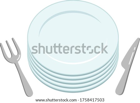 
A simple empty white stacked plate and knife and fork viewed from above.