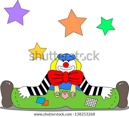 A cheerful clown sits on the ground with open legs; there are stars hanging in the air.