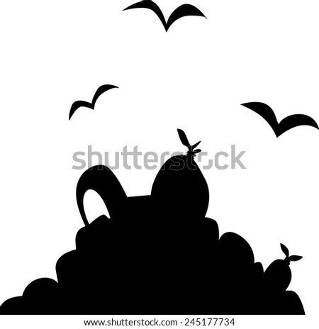 A silhouette of a pile of rubbish and scavenger birds.