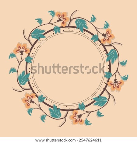 Ethnic Ikat Pattern, Circle Frame Surrounding Flowers And Leaves, Cream Pastel Colors, Vector Illustration, For Decoration And Illustration.