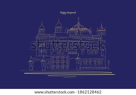 Vector illustration of guru nanak prakash parv. Happy Gurpurab. Golden and white colored temple on dark blue background