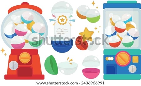 a set of adorable illustrations of japanese toy capsule vending machine, called gacha machine, suitable for scenarios such as raffles, games, blind boxes, and more.