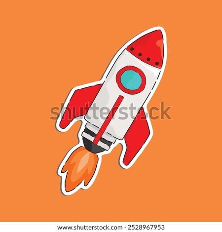 a cartoon-style vector illustration of a space rocket with a white body, a red nose cone, red fins, and a blue porthole, suitable for children's books, toys, or educational materials.