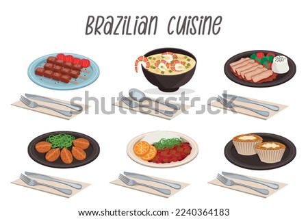 Set of 6 Brazilian cuisine illustrations: pato no tucupi, churrasco, feijoada, tacaco, bolinos de bacalhao, queujadinha with cutlery.